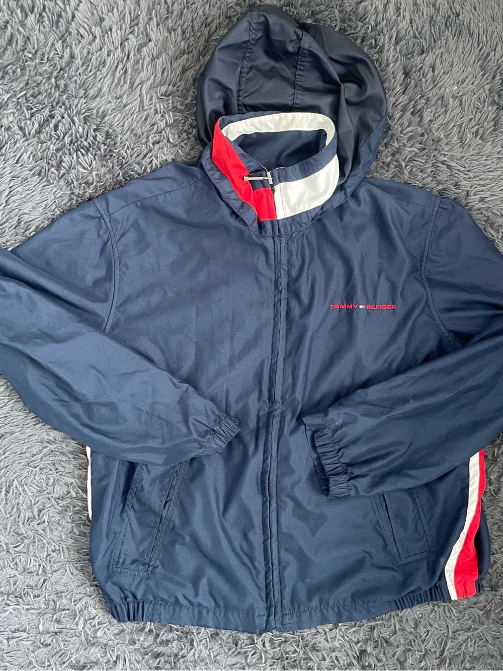 Men Size Small Tommy Hilfiger Windbreaker Jacket Hood Big Block Blue Red White